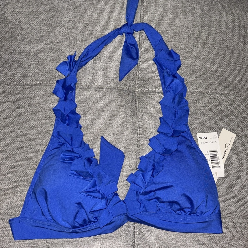 Blue Ruffle Banded Halter Bikini Top (Size Medium)